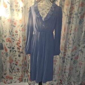 Shein Blue Long-Sleeve Ruffle V-Neck Pleated Midi Dress